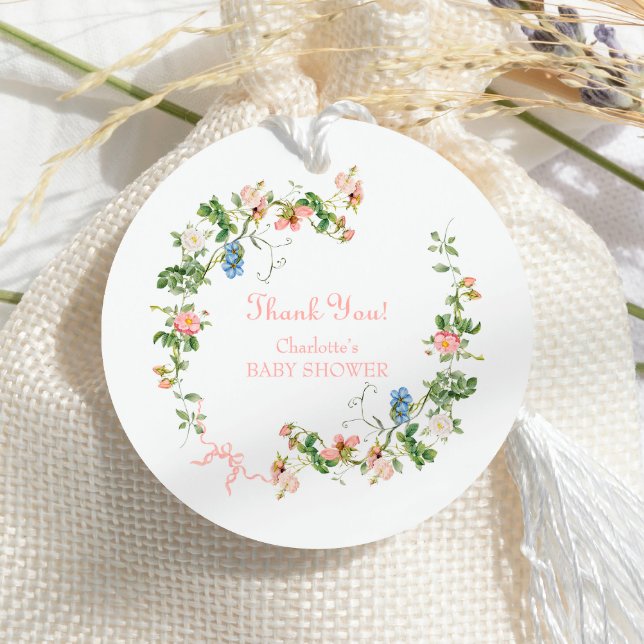 Wildblomme Rosa Bow Baby Shower Gåvor Etiketter (Skapare uppladdad)