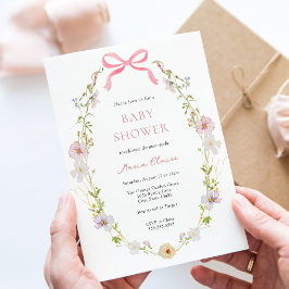Wildblomme Rosa Bow Baby Shower Inbjudningar