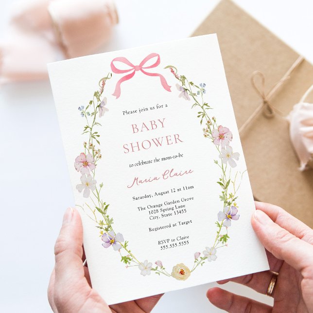 Wildblomme Rosa Bow Baby Shower Inbjudningar (Skapare uppladdad)