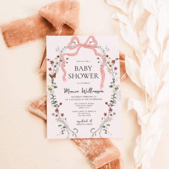 Wildblomme Rosa Bow Girl Baby Shower Inbjudningar (Pink Bow Girls Baby Shower Invite)