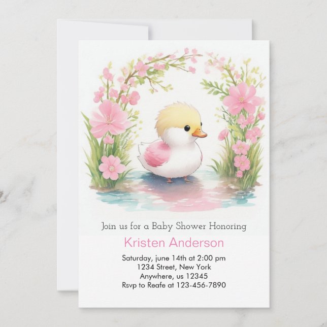 Wildblomme Rosa Duckling Girl Baby Shower Inbjudningar (Framsida)