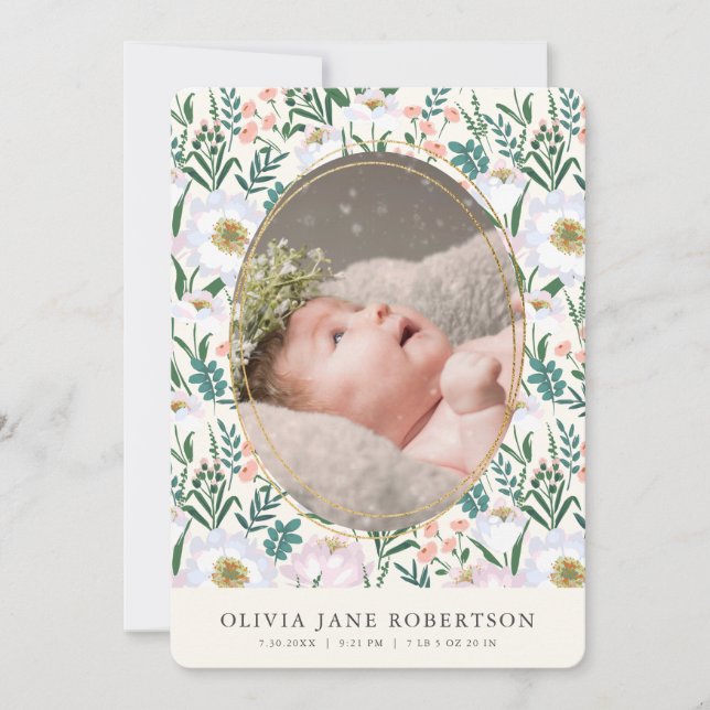Wildblomme Rosa Girl Photo Birth Announcement Inbjudningar (Framsida)