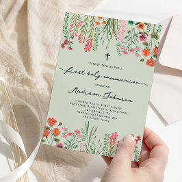 Wildblomme Sage Grönt First Heliga Communion Inbjudningar
