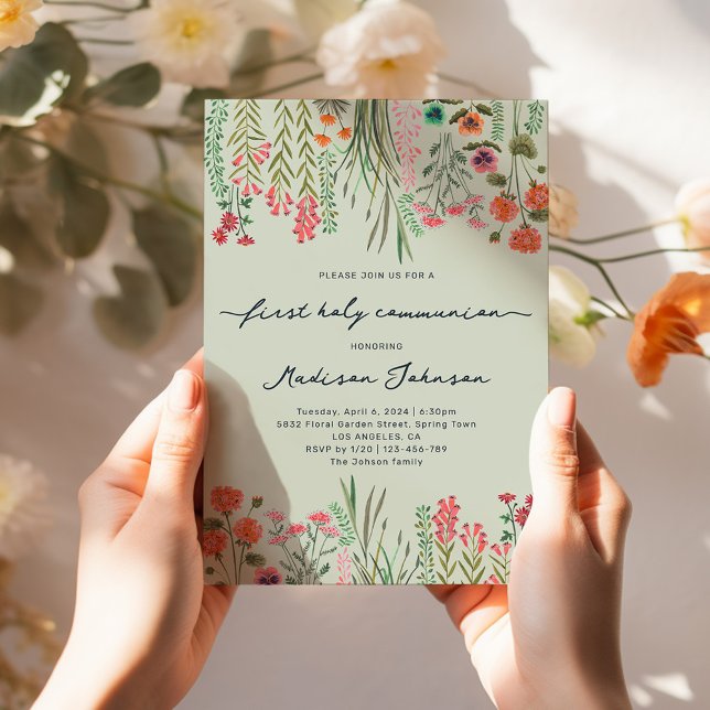 Wildblomme Sage Grönt First Heliga Communion Inbjudningar (Wildflower Sage Green First Holy Communion Invitation)