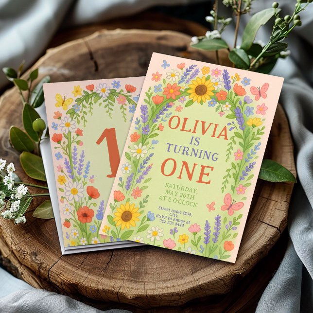 Wildblomme Theme Girl 1:a födelsedagen, första föd Inbjudningar (Skapare uppladdad)