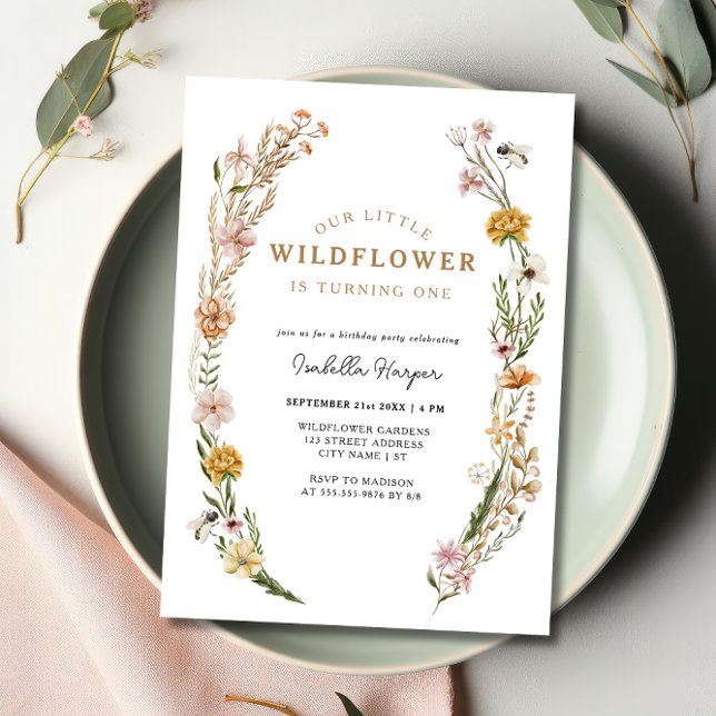 Wildblomme Theme Girl 1st Birthday Inbjudningar (Skapare uppladdad)