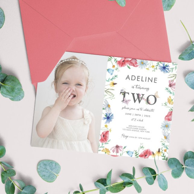 Wildblomme Theme Girl 2:a födelsedagsfoto Inbjudningar (2nd Birthday Wildflower Floral Invitation with photo Digital Download Cute Second Birthday Party)