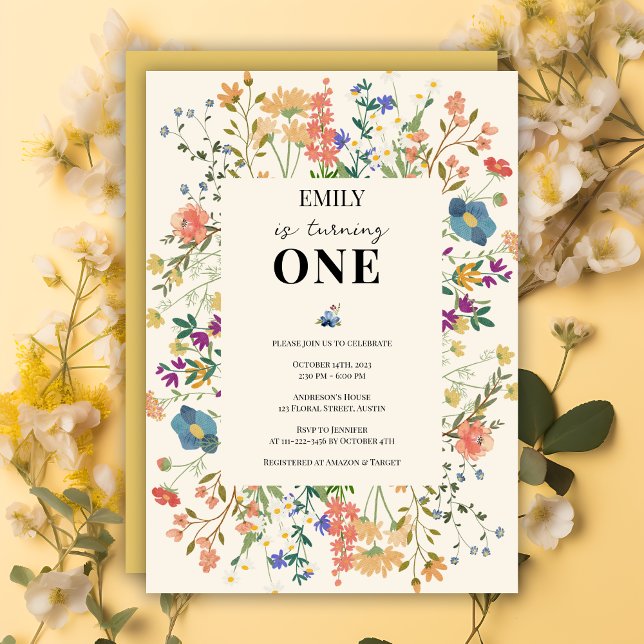 Wildblomme Theme Girl First Birthday Inbjudningar (Skapare uppladdad)