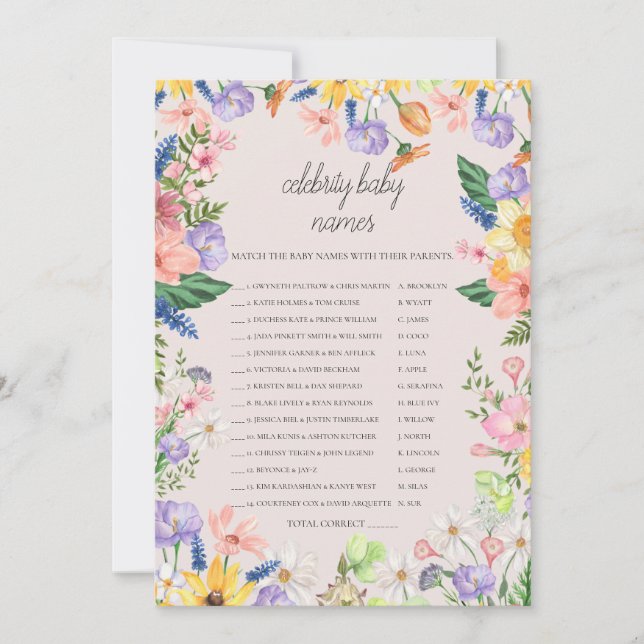 Wildblomme Vår Celebrity Barn namn-spelkort Inbjudningar (Framsida)