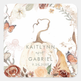 Wildblommefall Pumpkin Watercolor Bröllop Fyrkantigt Klistermärke