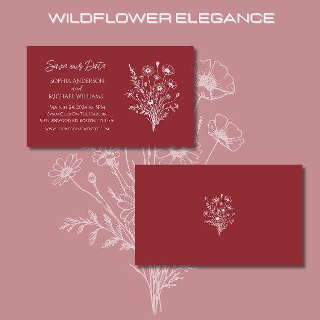 Wildblommelegance Bröllop-Save the Date-- Visitkort (Wildflower Elegance Wedding Save The Date-Red-Rustic, Country, Bohemian, Elegant)