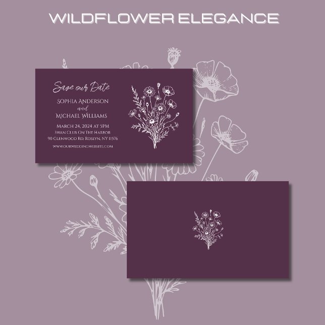 Wildblommelegance Bröllop-Save the Date-- Visitkort (Wildflower Elegance Wedding Save Our Date- Purple-Rustic, Bohemian, Country)