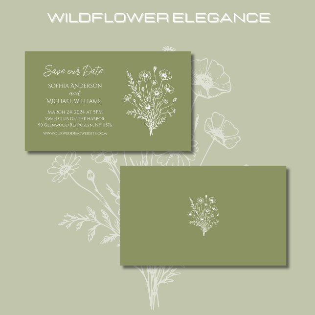 Wildblommelegance Bröllop-Save the Date-- Visitkort (Wildflower Elegance Wedding Collection-Fern Green-Save Our Date)