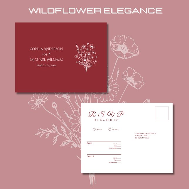 Wildblommelegance-OSA-Bröllop-vykort Vykort (Wildflower Elegance Wedding RSVP Postcard-Red, Rustic, country, bohemian, elegant)