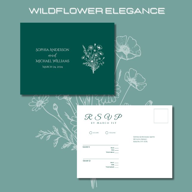 Wildblommelegance-OSA-Bröllop-vykort Vykort (Wildflower Elegance Wedding RSVP Postcard-Emerald Green-Rustic, Country, Bohemian)
