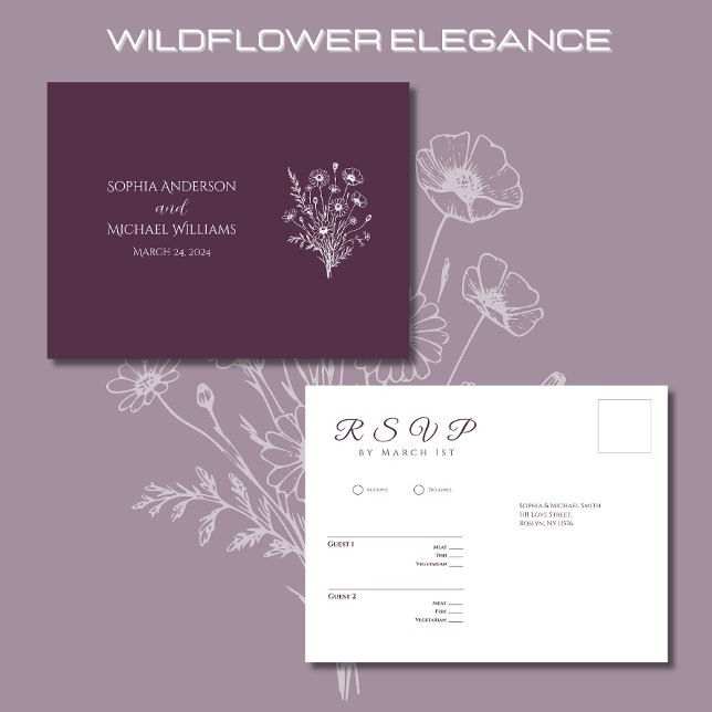Wildblommelegance-OSA-Bröllop-vykort Vykort (Wildflower Elegance Wedding RSVP Postcard-Purple-Rustic, Country-Bohemian)
