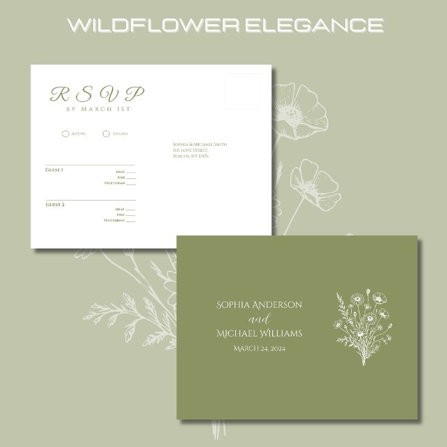 Wildblommelegance-OSA-Bröllop-vykort Vykort (Wildflower Elegance Wedding Collection-Fern Green-RSVP Postcard)