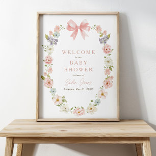 Wildblommes Rosa Blommigt Flicka Bow Baby Shower Poster
