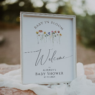 Wildblommes välkomstskylt Baby i blooms babyutlösa Poster