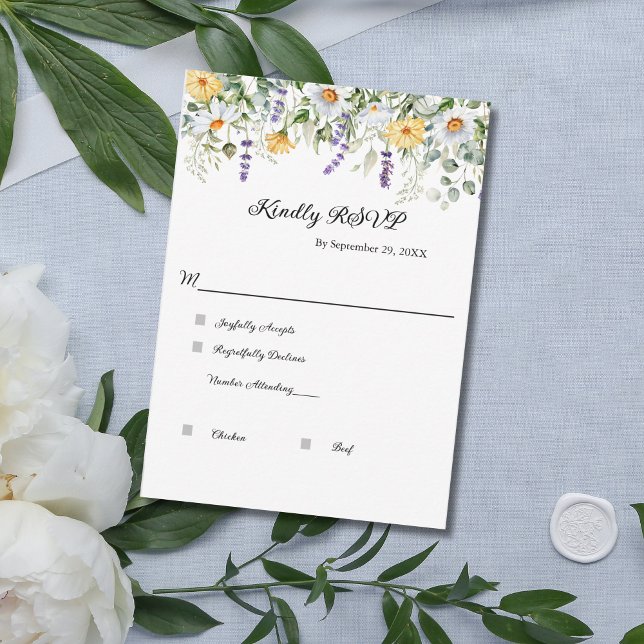 WildblommEucalyptus Greenery Elegant bröllop OSA Kort (Yellow White Lavender Purple Greenery Eucalyptus Wedding RSVP cards. Modern and Elegant)