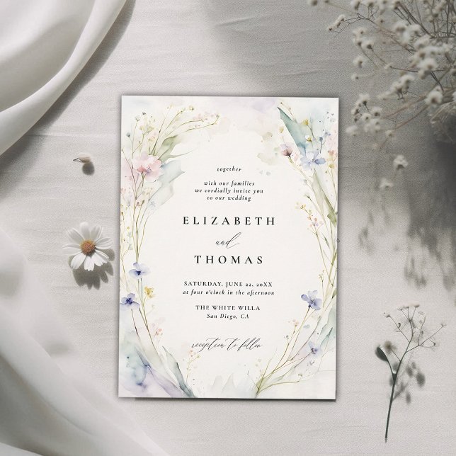 WildblommFête Romantic Elegant Bohemian Bröllop Inbjudningar (wildflower wedding theme invitation delicate watercolor meadow modern classic elegant spring summer)