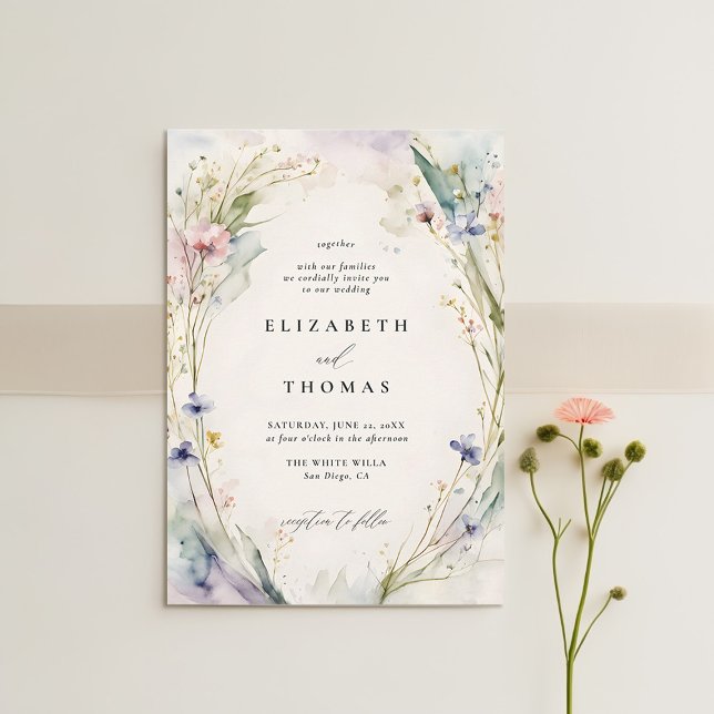 WildblommFête Romantic Elegant Ecru Bröllop Inbjudningar (wildflower wedding theme invitation watercolor ecru garden modern classic elegant spring summer)