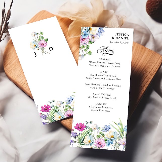 WildblommGarden Colorful Blommigt Monogram Bröllop Meny (Monogrammed wedding menu from the Wildflower Garden Wedding Collection by Darling & May)