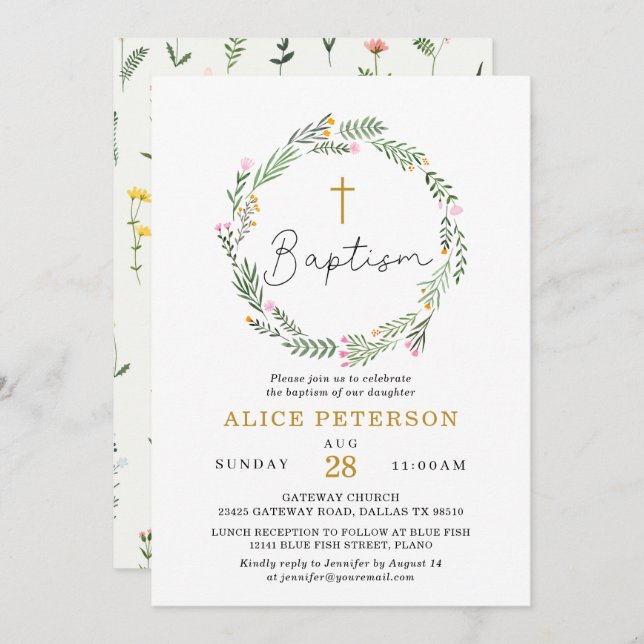 WildblommGirl Baptism Firande Inbjudningar (Fram/baksida)