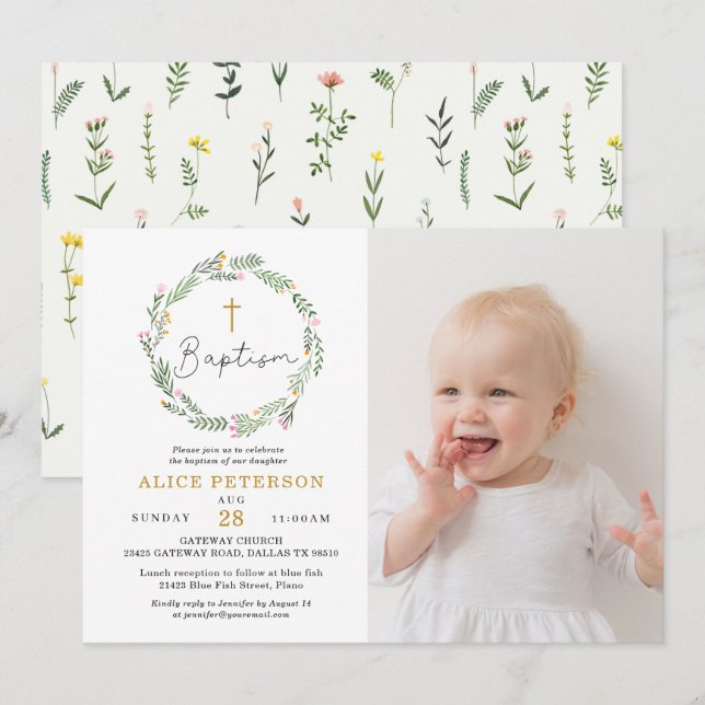 WildblommGirl Baptism Firande Photo Inbjudningar (Fram/baksida)