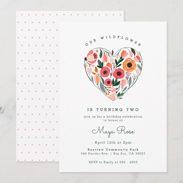 WildblommHeart Birthday Inbjudningar (Fram/baksida)