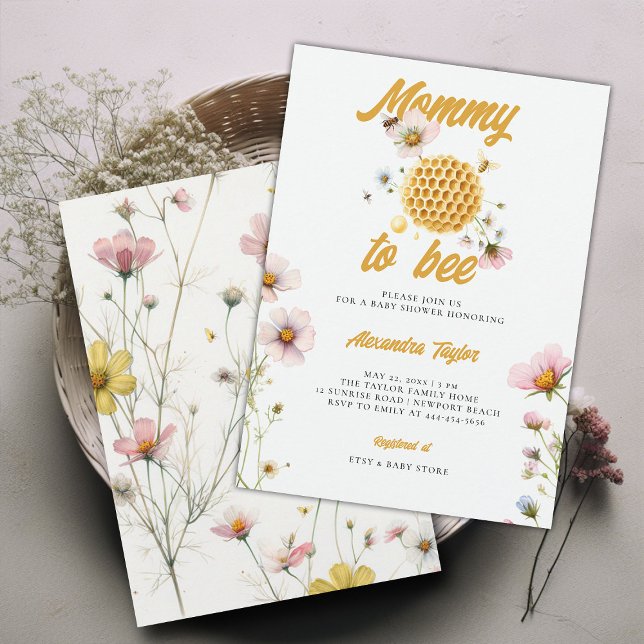Wildblommhonung Comb Mamma Bee Flicka Shower Inbjudningar (mommy to bee baby girl shower invitation watercolor illustration honey comb whimsical wildflowers)
