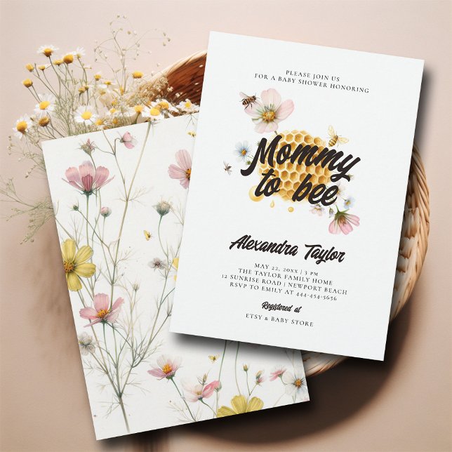 Wildblommhonung Mamma to Bee Flicka Shower Inbjudningar (mommy to bee baby girl shower invitation watercolor illustration honey combs whimsical wildflowers)