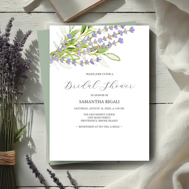 WildblommInbjudningskort för möhippa (Bridal shower invitations watercolor lavender art by Victoria Grigaliunas Do Tell A Belle)