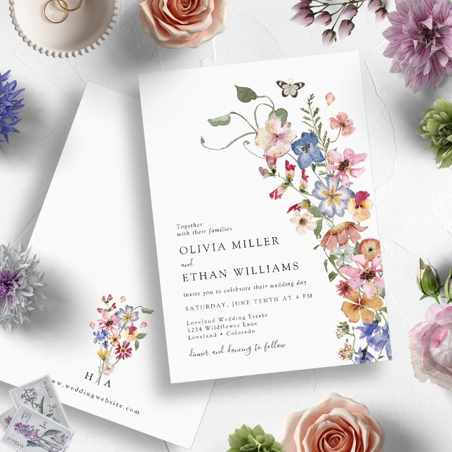 WildblommModern Bröllop Inbjudningar (Elegant Monogrammed Watercolor Wildflower Wedding Invitation by Painted Paperie)