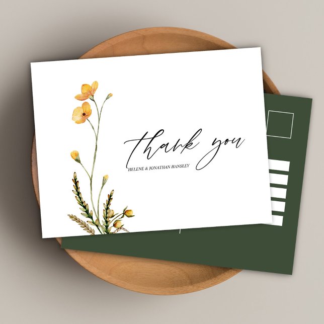 WildblomModern Rustic Elegant bröllop Tack Vykort (Wildflower Modern Rustic Elegant Wedding Thank You Postcard)