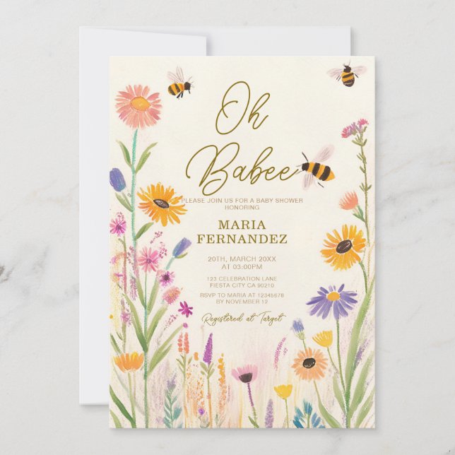 WildblommOh Babee Mamma till Bee Baby Shower Inbjudningar (Framsida)