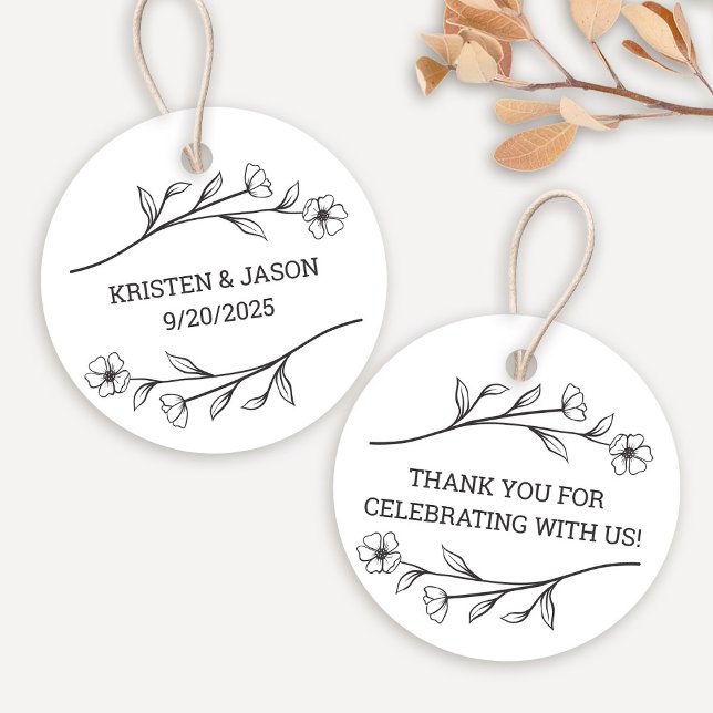 Wildblommonogram Bröllop Märkre Gåvor Etiketter (Wildflower Monogram Wedding Tags by Fiesta Valley Print)