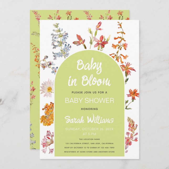 Wildblommor Baby i Blommigten Grönt Arch i bloom S Inbjudningar (Fram/baksida)