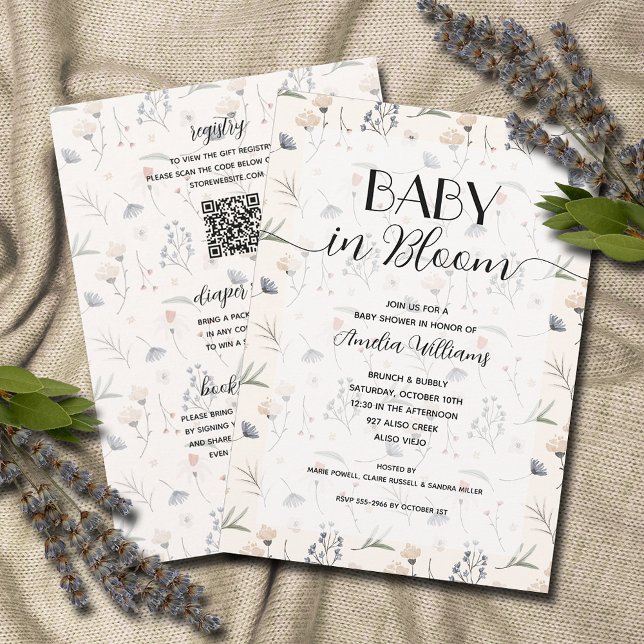 Wildblommor Baby i Bloom Ivory Shower Allt i ett Inbjudningar (Wildflower baby in bloom ivory all in one baby shower invitations, PRINTED and/or DOWNLOAD)