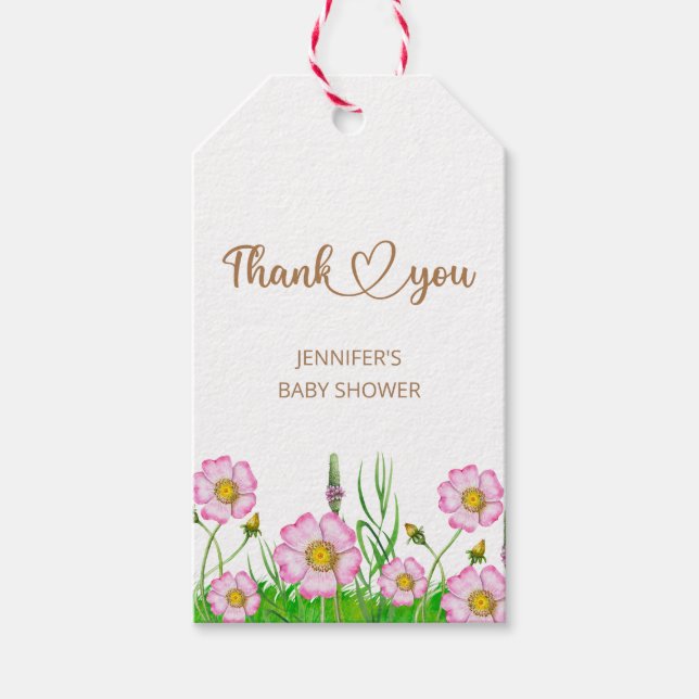 Wildblommor baby i märkre för babyduschgåvor presentetikett (Framsidan)