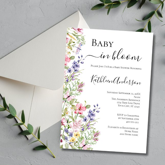 Wildblommor Baby in Bloom Rosa Lila Baby Shower Inbjudningar (Wildflowers Baby in Bloom Pink Purple Flowers Dragonfly Baby Shower invitation)