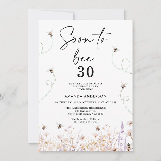 Wildblommor Bee Soon till Bee 30 Birthday Inbjudningar (Framsida)