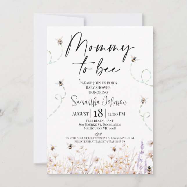 Wildblommor Bees Mamma till Bee Baby Shower Inbjudningar (Framsida)