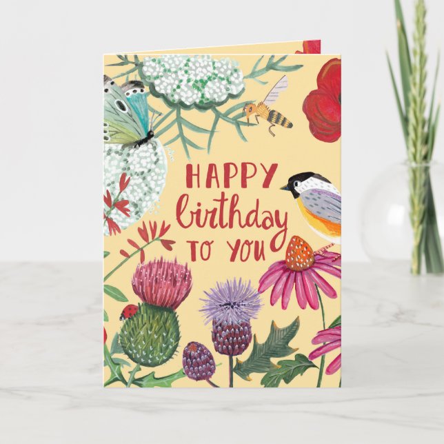 Wildblommor Bird Birthday Kort (Framsida)