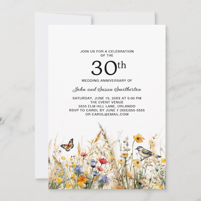 Wildblommor Birds Butterflies 30-årsdagen Inbjudningar (Framsida)