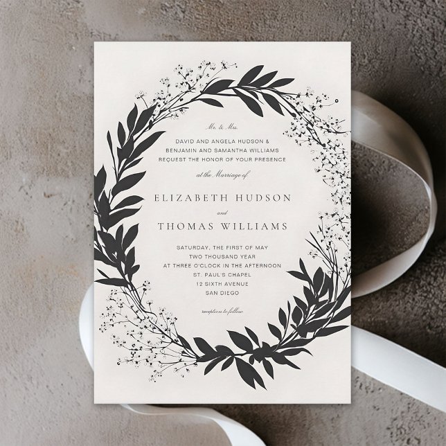 Wildblommor Black Ivory Modern Fordern Bröllop Inbjudningar (wildflowers wedding invitation black and white floral wreath formal elegant modern typography)