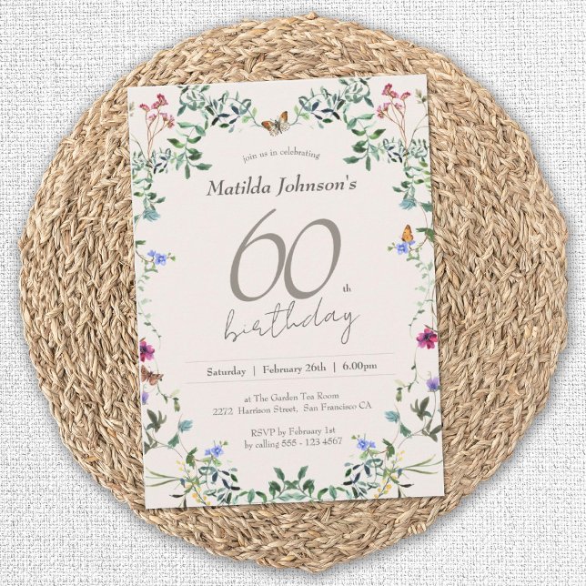 Wildblommor Blommigt Modern 60:e Födelsedagsfesten Inbjudningar (Elegant 60th Birthday Wildflowers Floral Invitation)