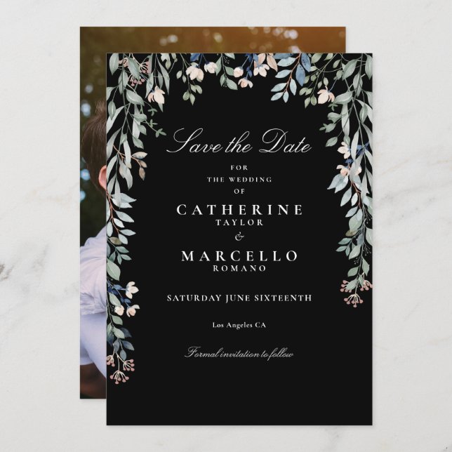 Wildblommor Blommigt Photo Black and White Bröllop Spara Datumet (Fram/baksida)