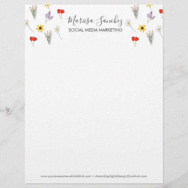 Wildblommor Blommigt Script Namn Modern Letterhead Brevhuvud (Framsida)