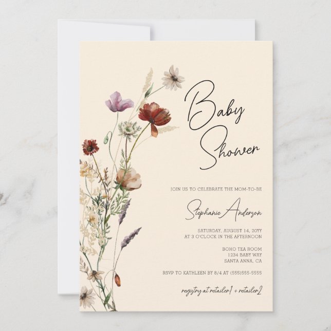 Wildblommor Boho Baby Shower Inbjudningar (Framsida)